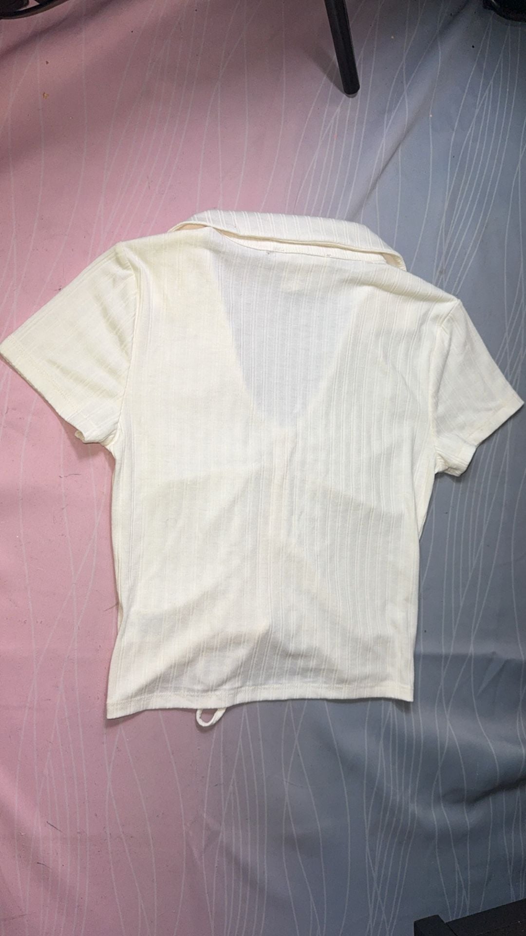 Pink Rose Junior Ruched Front Collared Ribbed Short Sleeve Crop Top - Winter White 3