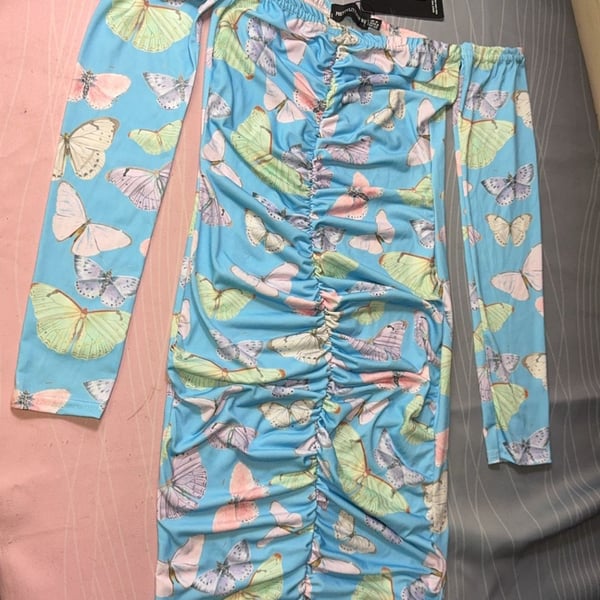 PrettyLittleThing Blue Butterfly Print Ruched Off The Shoulder Long Sleeve Mini Dress