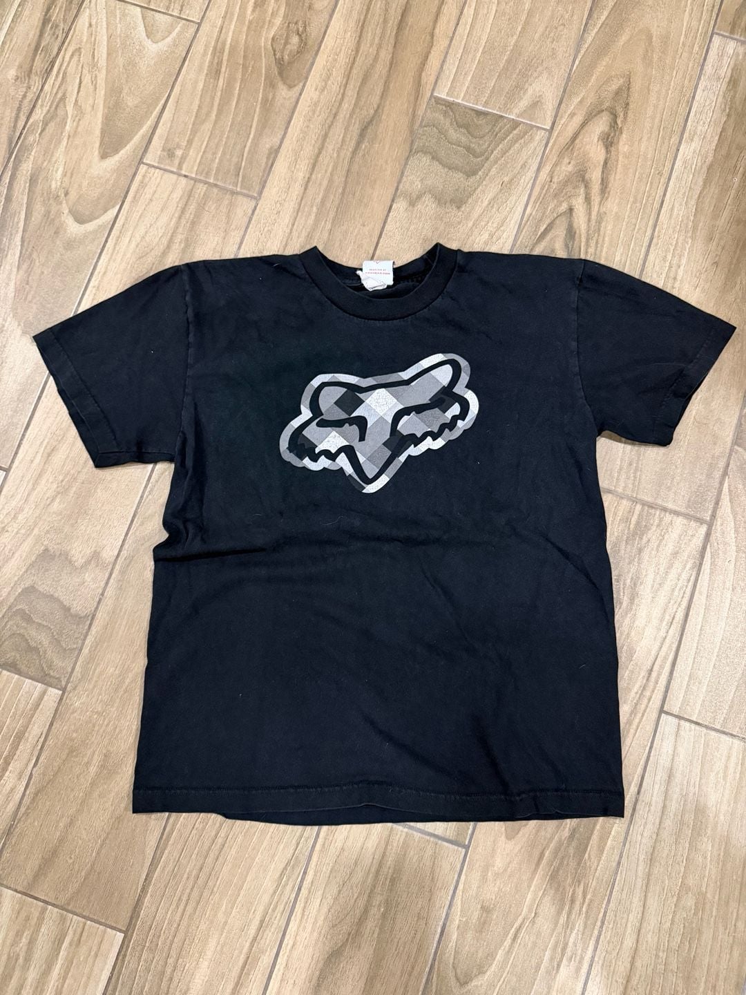 Vintage 90s Fox Racing Plaid Graphic Logo T-Shirt Black Medium 2