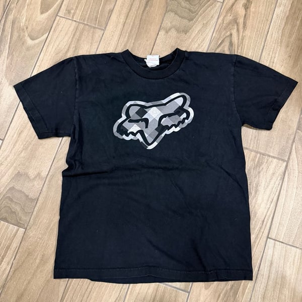 Vintage 90s Fox Racing Plaid Graphic Logo T-Shirt Black Medium