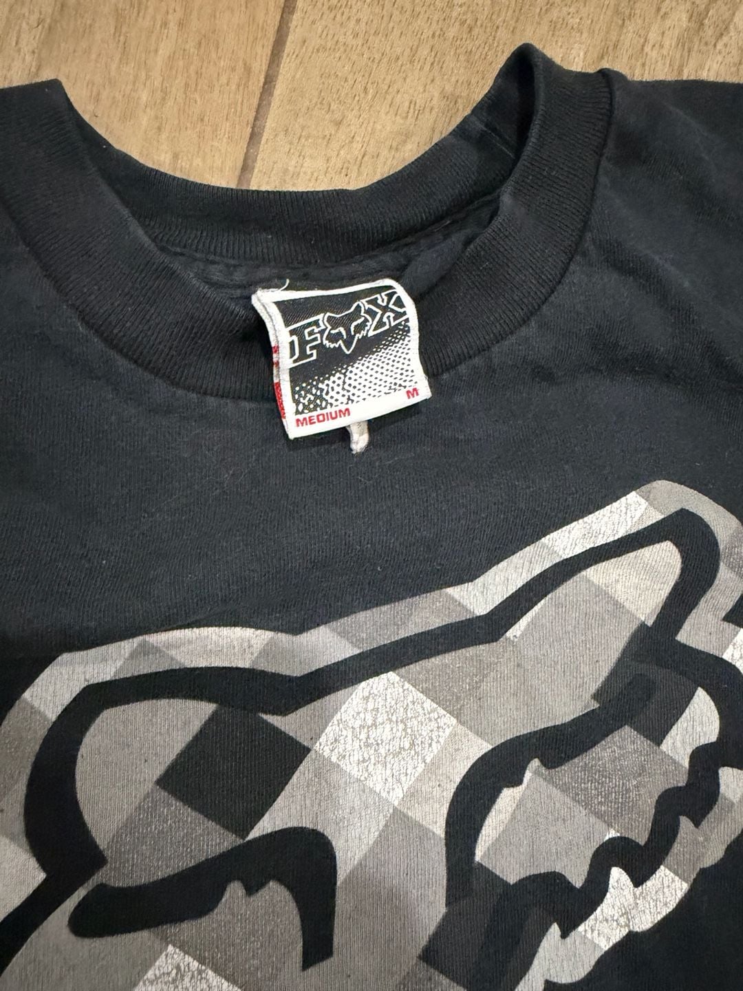 Vintage 90s Fox Racing Plaid Graphic Logo T-Shirt Black Medium 3