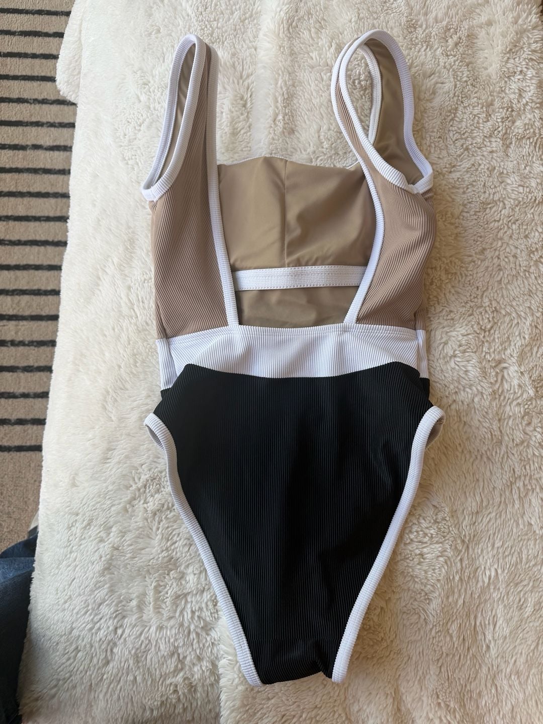 LainSnow Colorblock “Amangiri” One Piece Swimsuit in Beige/Black/White - XS 3