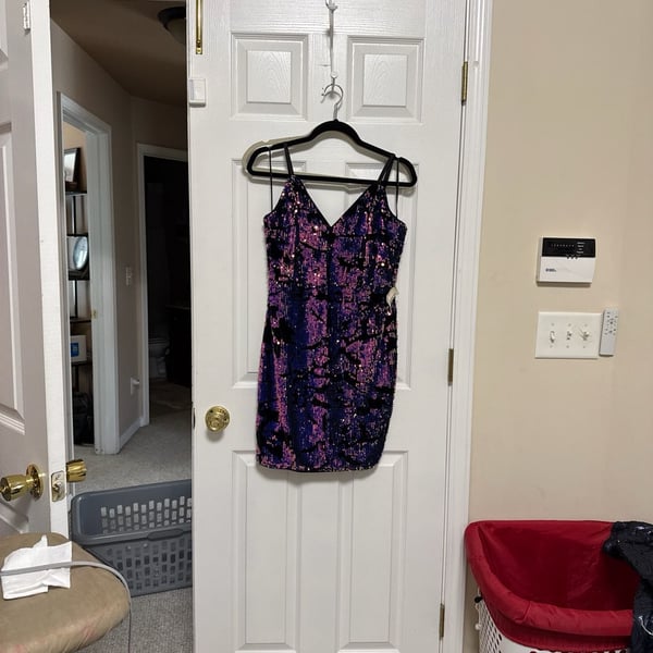 Windsor Monique Sequin Bodycon Mini Dress in Purple and Black
