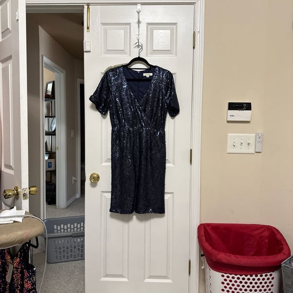 Francesca's Navy Blue Sequin Short Sleeve V-Neck Mini Dress