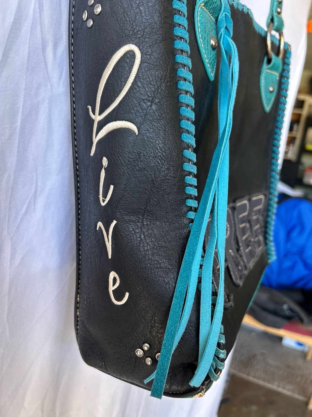Montana West Black and Turquoise Studded Concealed Carry Tote Bag 3