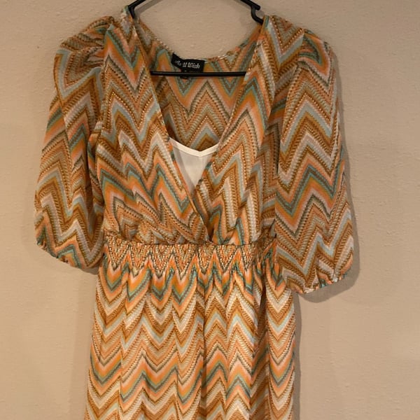 As U Wish Sheer Chevron Print Surplice Mini Dress