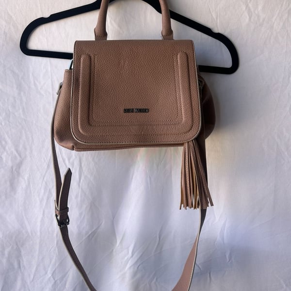Steve Madden Taupe Pebbled Leather Tassel Crossbody Satchel
