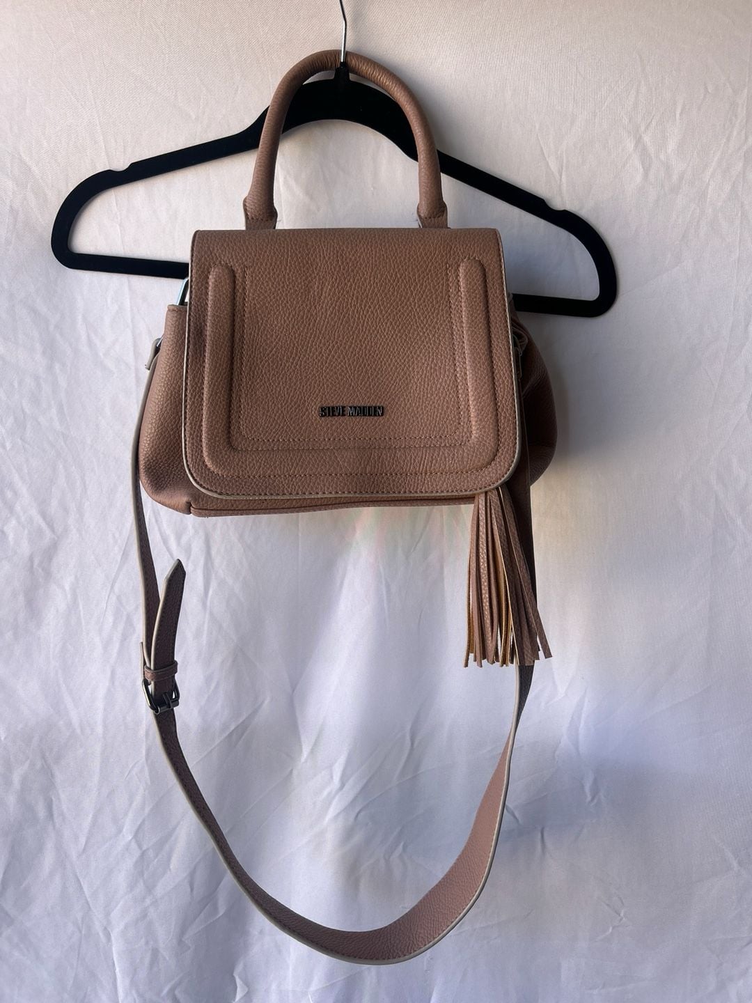 Steve Madden Taupe Pebbled Leather Tassel Crossbody Satchel 3