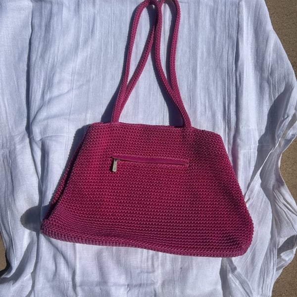 Vintage The Sak Hot Pink Crocheted Shoulder Bag with Exterior Zip Pocket