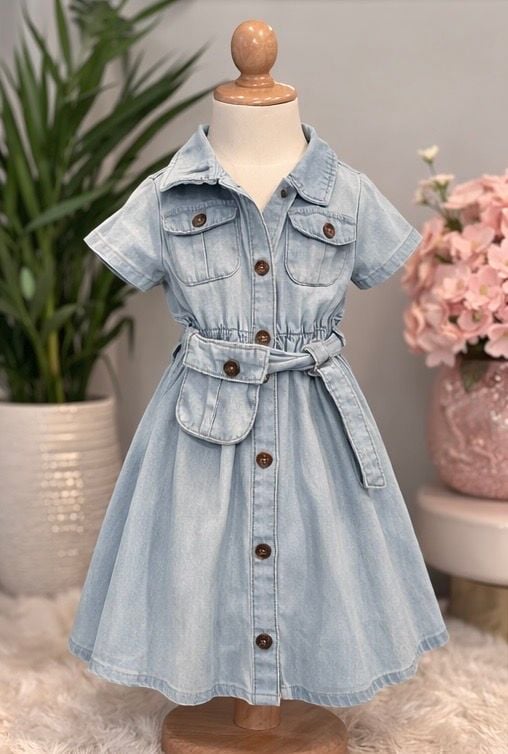 Little Girls Short Sleeve Button-Down Light Wash Denim Dress : Size 10 2