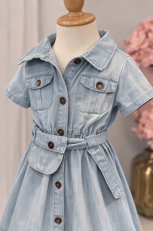 Little Girls Short Sleeve Button-Down Light Wash Denim Dress : Size 10 3