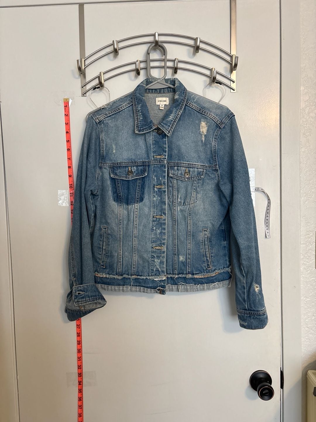 Sneak Peek Distressed Medium Wash Denim Trucker Jacket 2