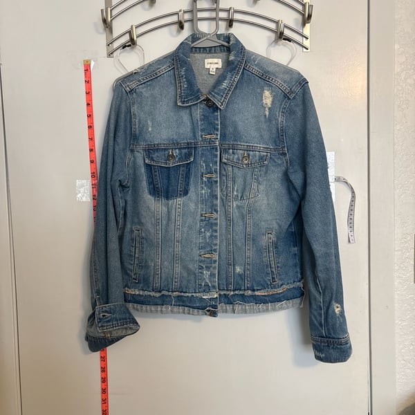 Sneak Peek Distressed Medium Wash Denim Trucker Jacket