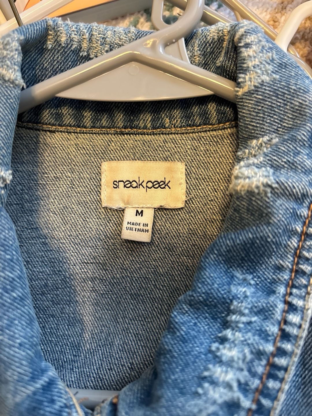 Sneak Peek Distressed Medium Wash Denim Trucker Jacket 4