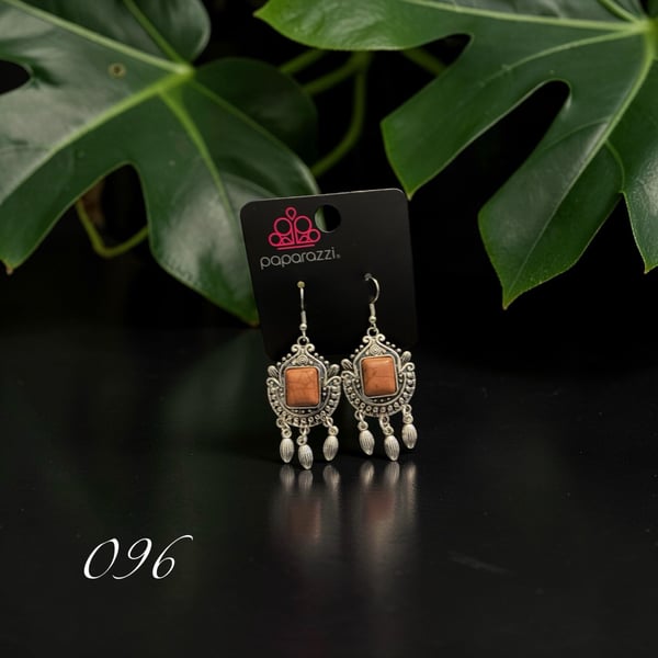 Paparazzi Open Pastures Brown Faux Stone Silver Ornate Dangle Earrings