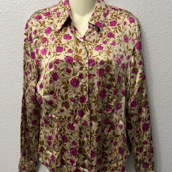 Ann Taylor LOFT 100% Silk Vintage Floral Long Sleeve Blouse Size 8