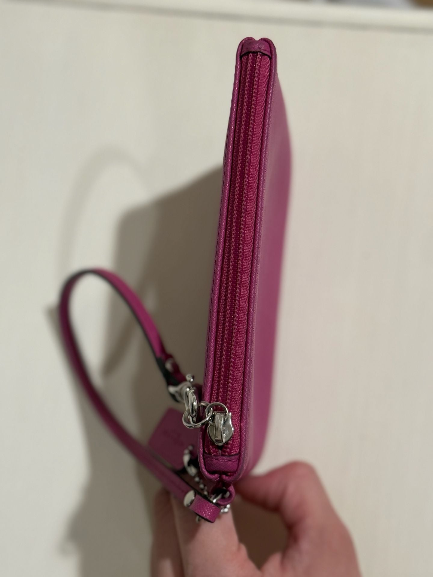 Coach Corner Zip Wristlet in Dark Fuchsia Crossgrain Leather 5