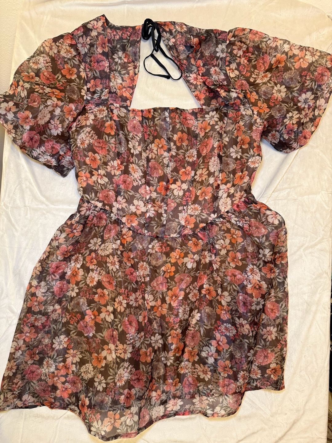 Lost + Wander Botanique Mini Dress Black Floral Organza Puff Sleeve NWT 2