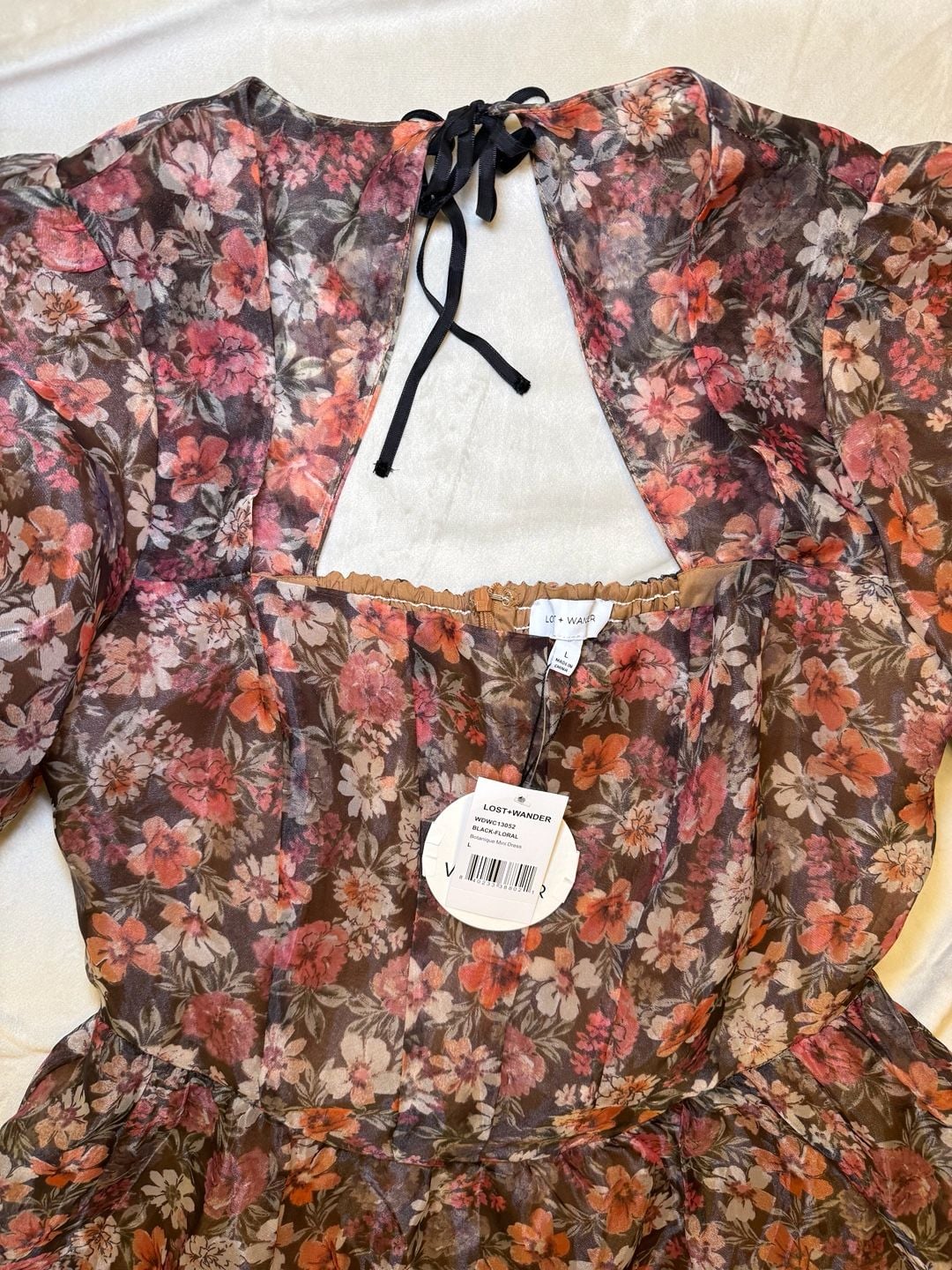 Lost + Wander Botanique Mini Dress Black Floral Organza Puff Sleeve NWT 3