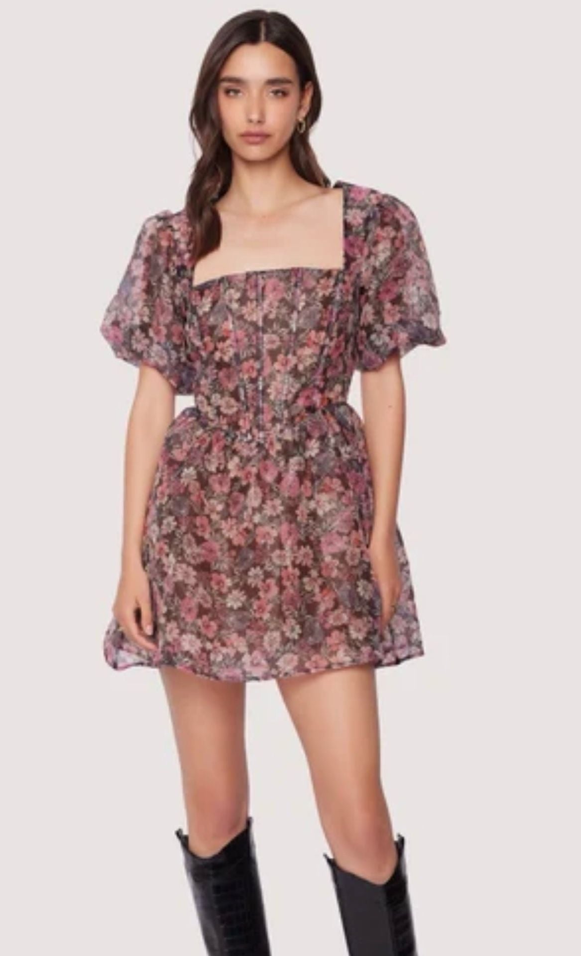 Lost + Wander Botanique Mini Dress Black Floral Organza Puff Sleeve NWT 5