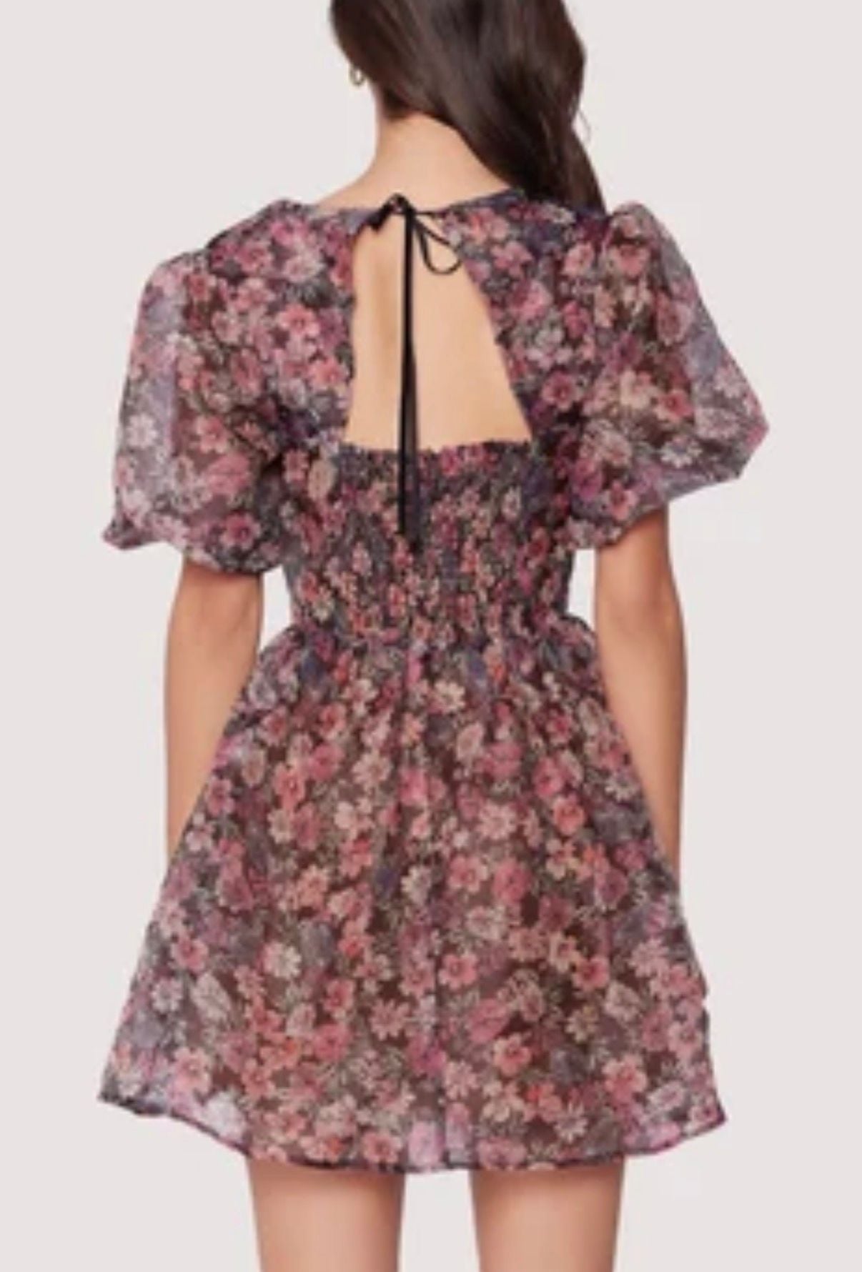 Lost + Wander Botanique Mini Dress Black Floral Organza Puff Sleeve NWT 9