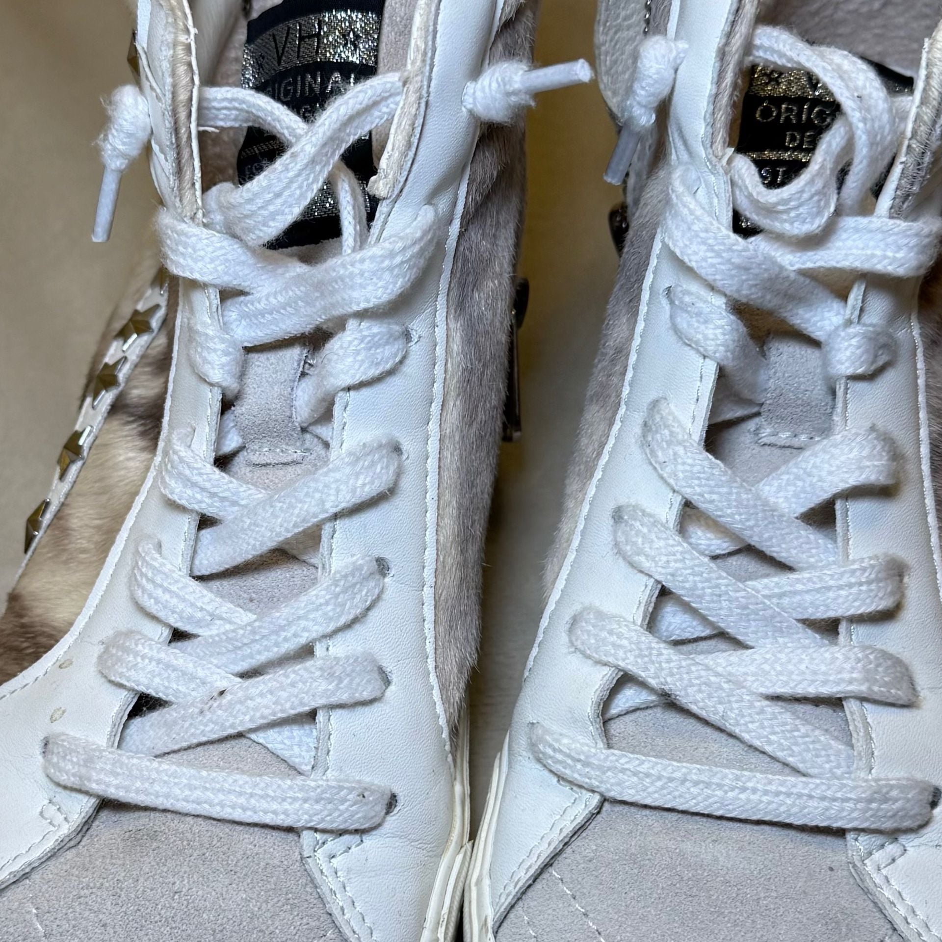 Vintage Havana Maxine High Top Sneakers In Taupe Faux Fur With Star Studs 7