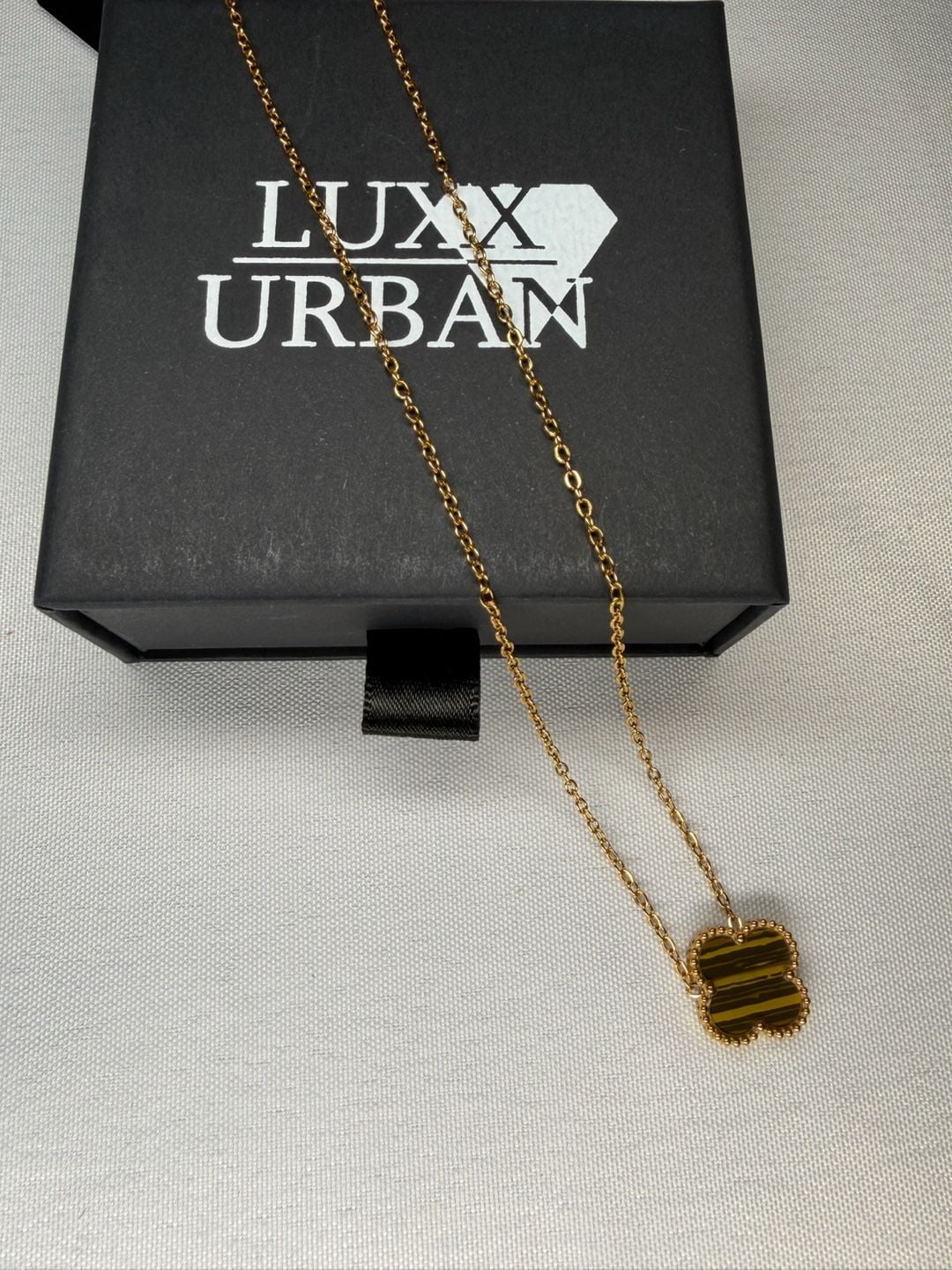 Tiger Eye Clover Pendant Necklace 18K Gold Plated 5