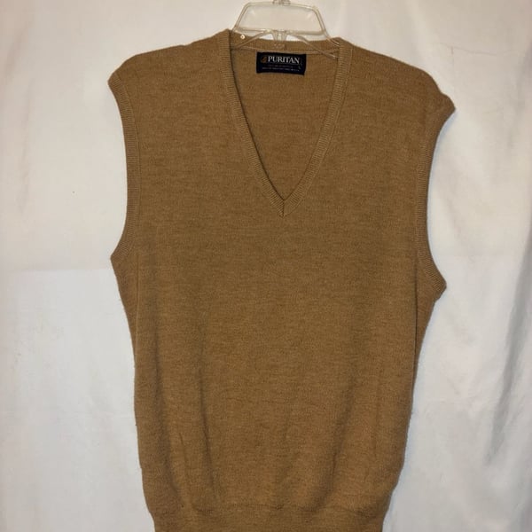 Vintage Puritan Men's 100% Orlon Acrylic V-Neck Sweater Vest Brown Large
