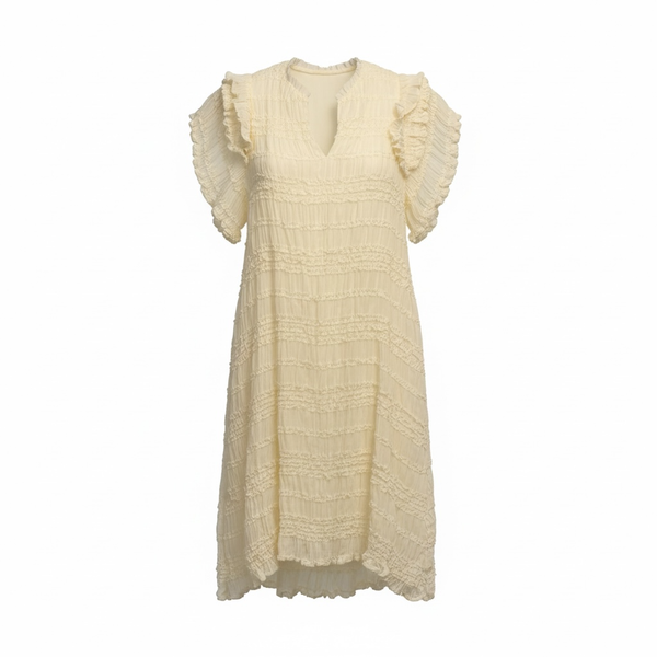 New In Cream Textured Smocked Ruffle Flutter Sleeve V-Neck Mini Dress