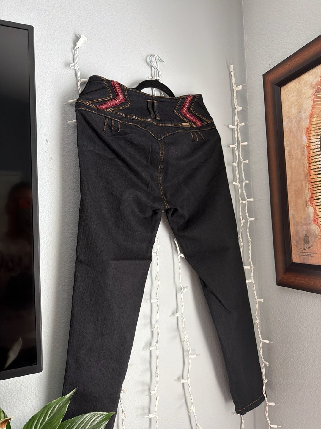 AMBAR Colombian High Waist Skinny Jeans with Red Embroidery and Ankle Zips 15