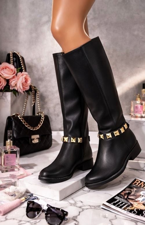 Women's Faux Leather Tall Riding Boots with Gold Studded Strap 2