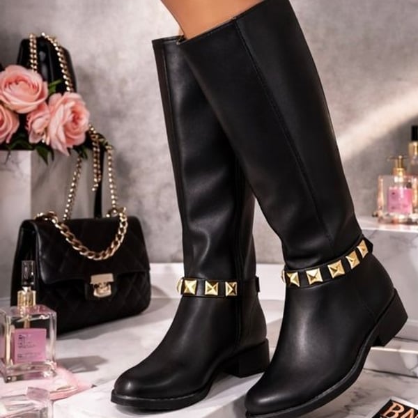 Women's Faux Leather Tall Riding Boots with Gold Studded Strap