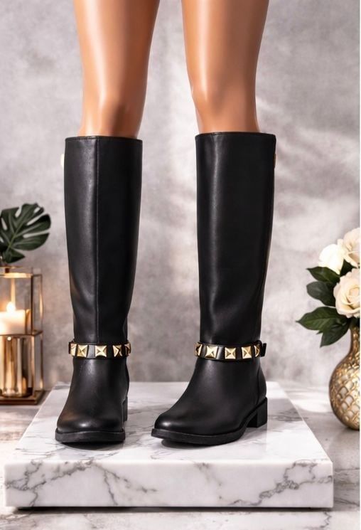 Women's Faux Leather Tall Riding Boots with Gold Studded Strap 4