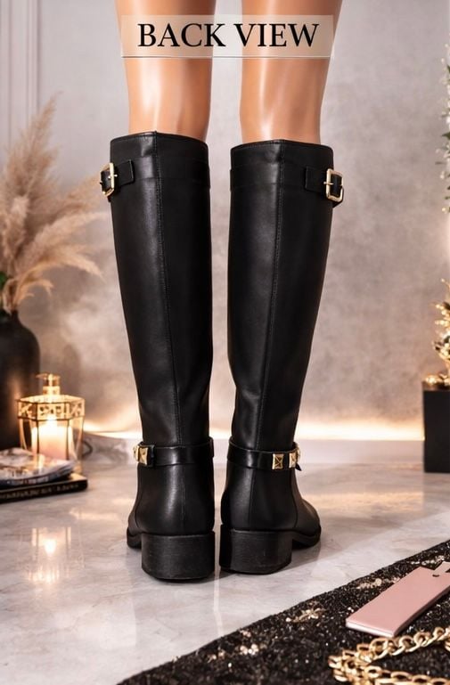 Women's Faux Leather Tall Riding Boots with Gold Studded Strap 5