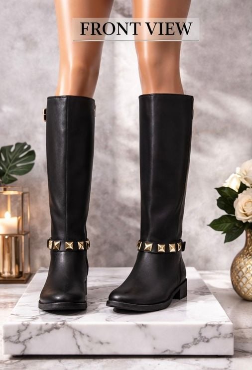 Women's Faux Leather Tall Riding Boots with Gold Studded Strap 6