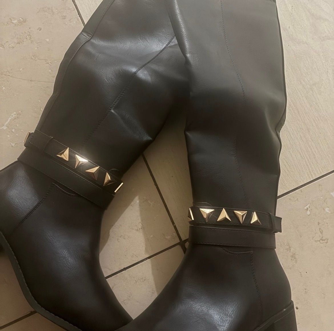 Women's Faux Leather Tall Riding Boots with Gold Studded Strap 7