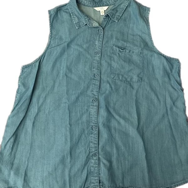 Time and Tru Women's XL (16-18) Blue Sleeveless Lyocell Button Down Top