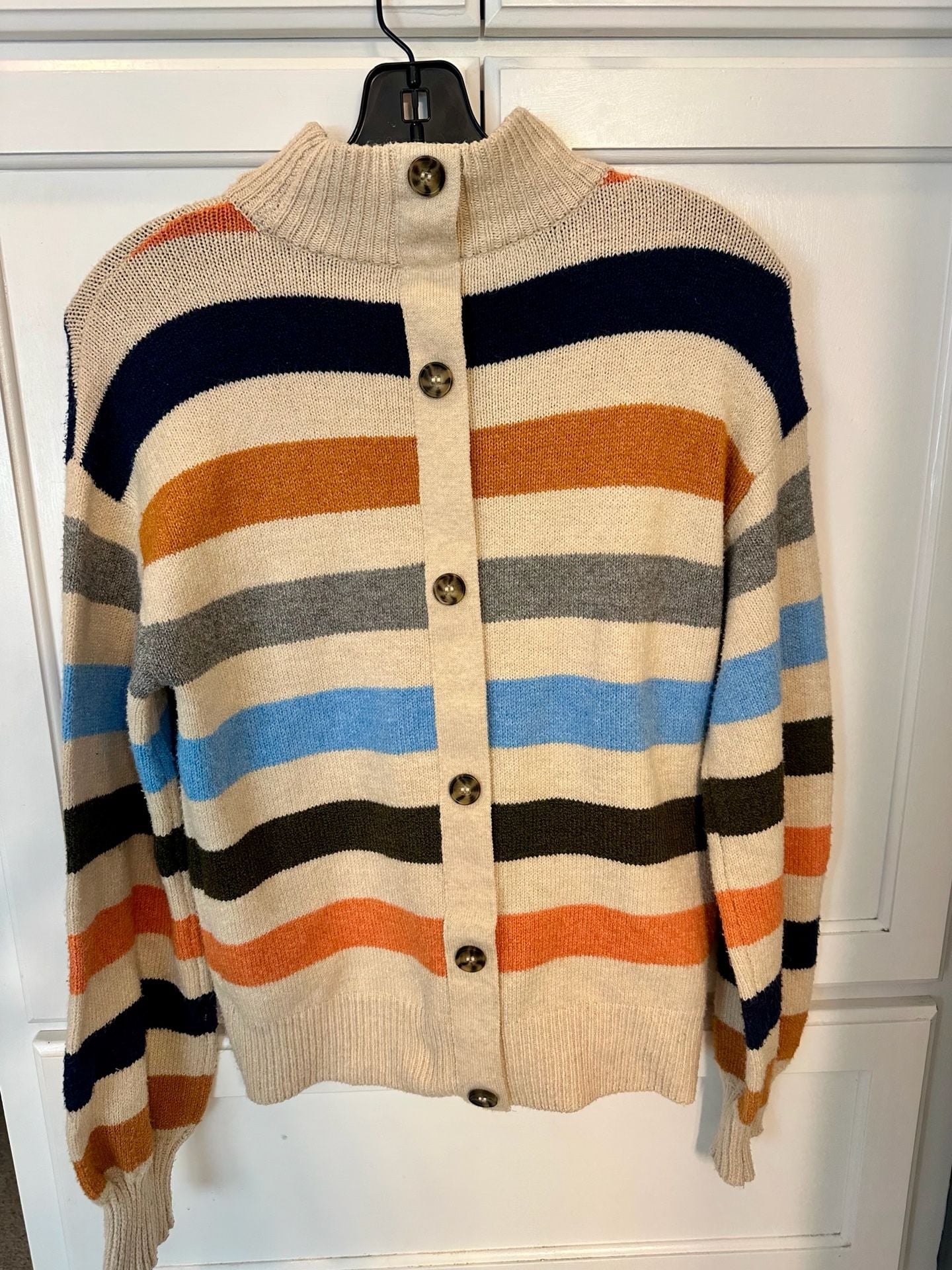 St. John's Bay Women's Striped Mock Neck Granola Coastal Sweater Button Back XS 4