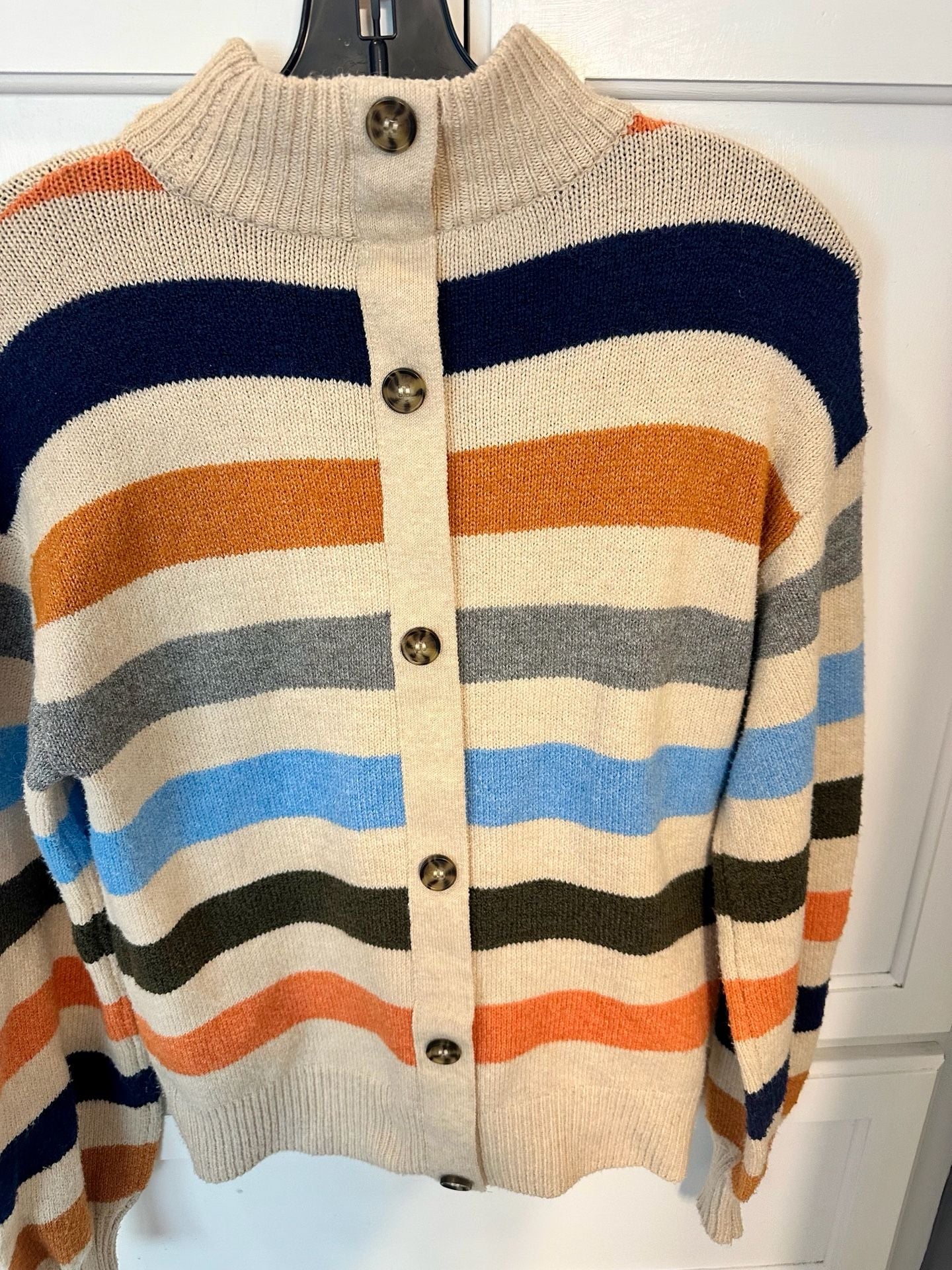 St. John's Bay Women's Striped Mock Neck Granola Coastal Sweater Button Back XS 5