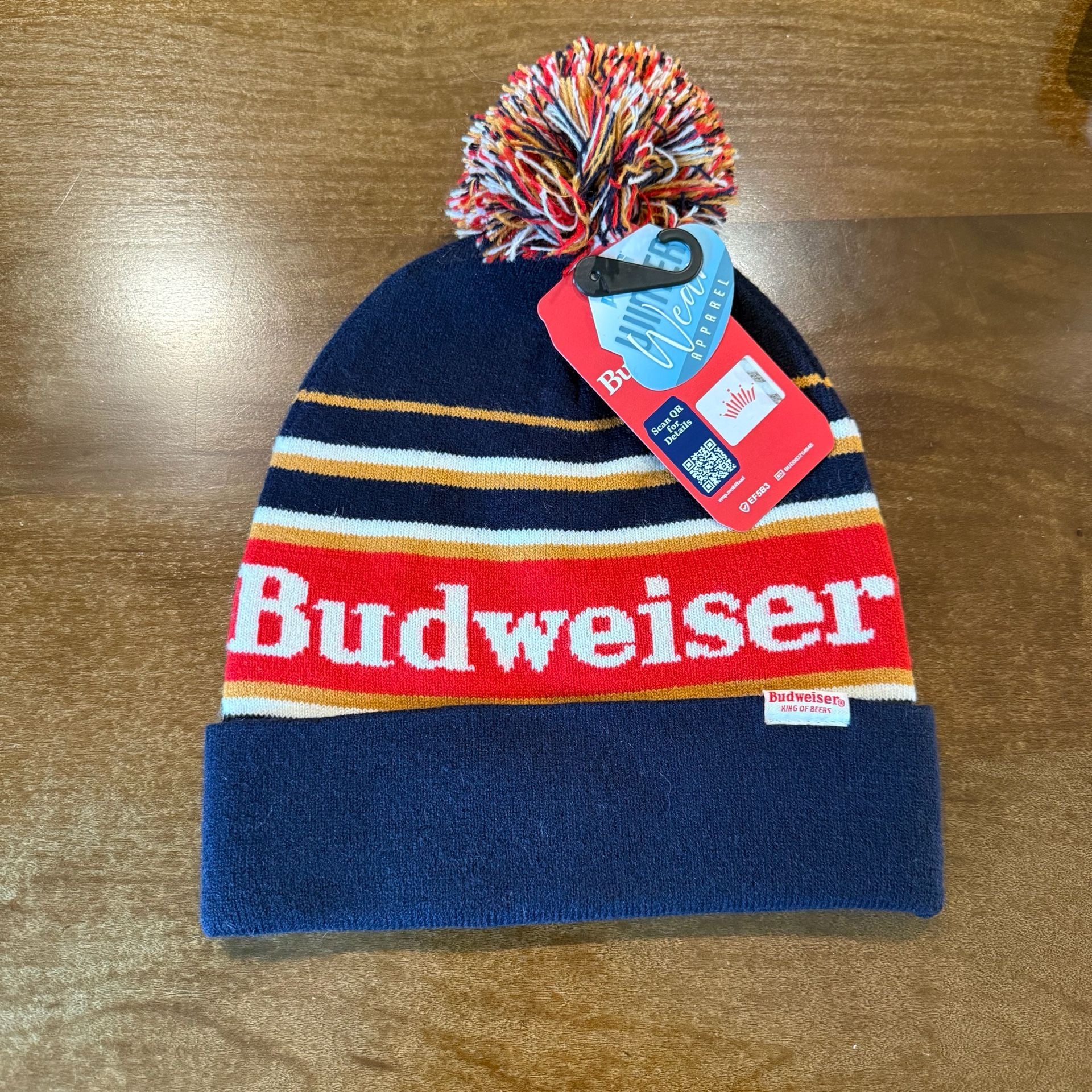 Budweiser Navy Blue and Red Striped Pom Pom Knit Beanie Hat 2