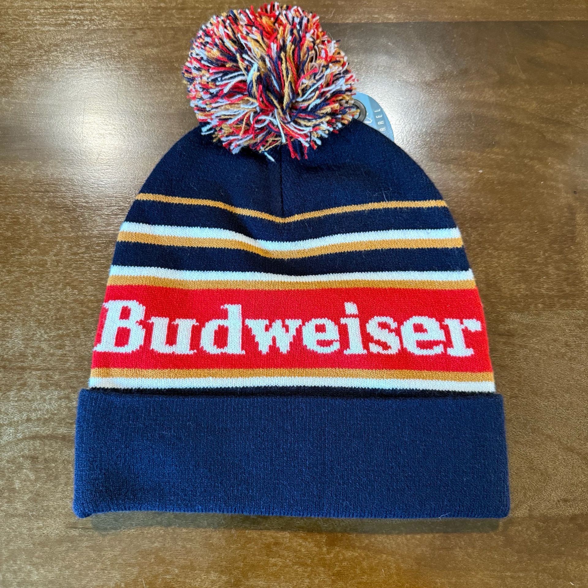 Budweiser Navy Blue and Red Striped Pom Pom Knit Beanie Hat 3
