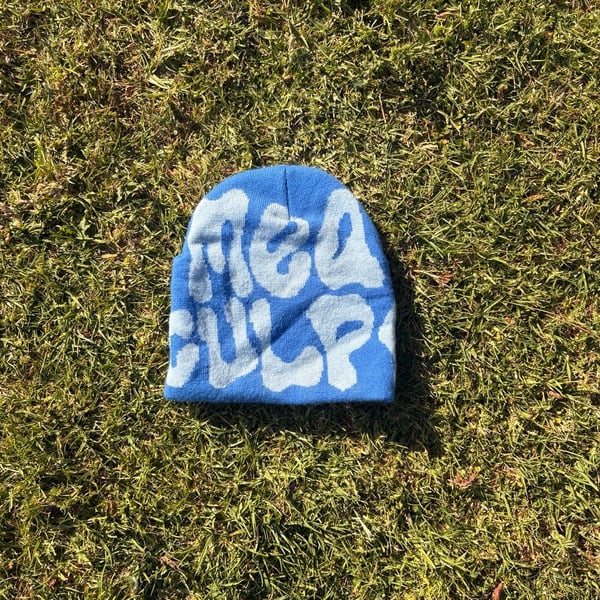 Mea Culpa Blue and White Graphic Knit Beanie