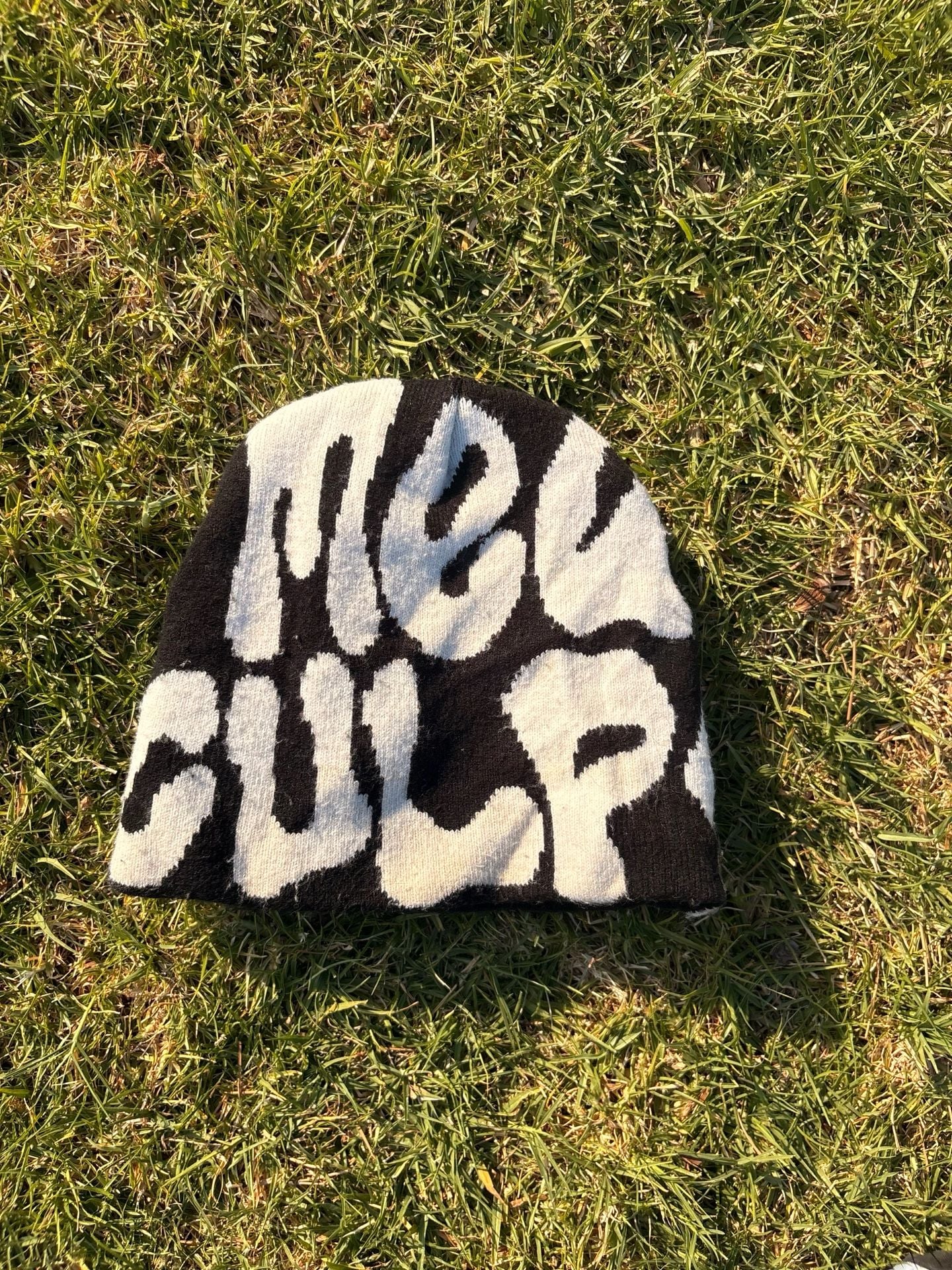 Mea Culpa Black and White Y2K Graphic Knit Beanie 2