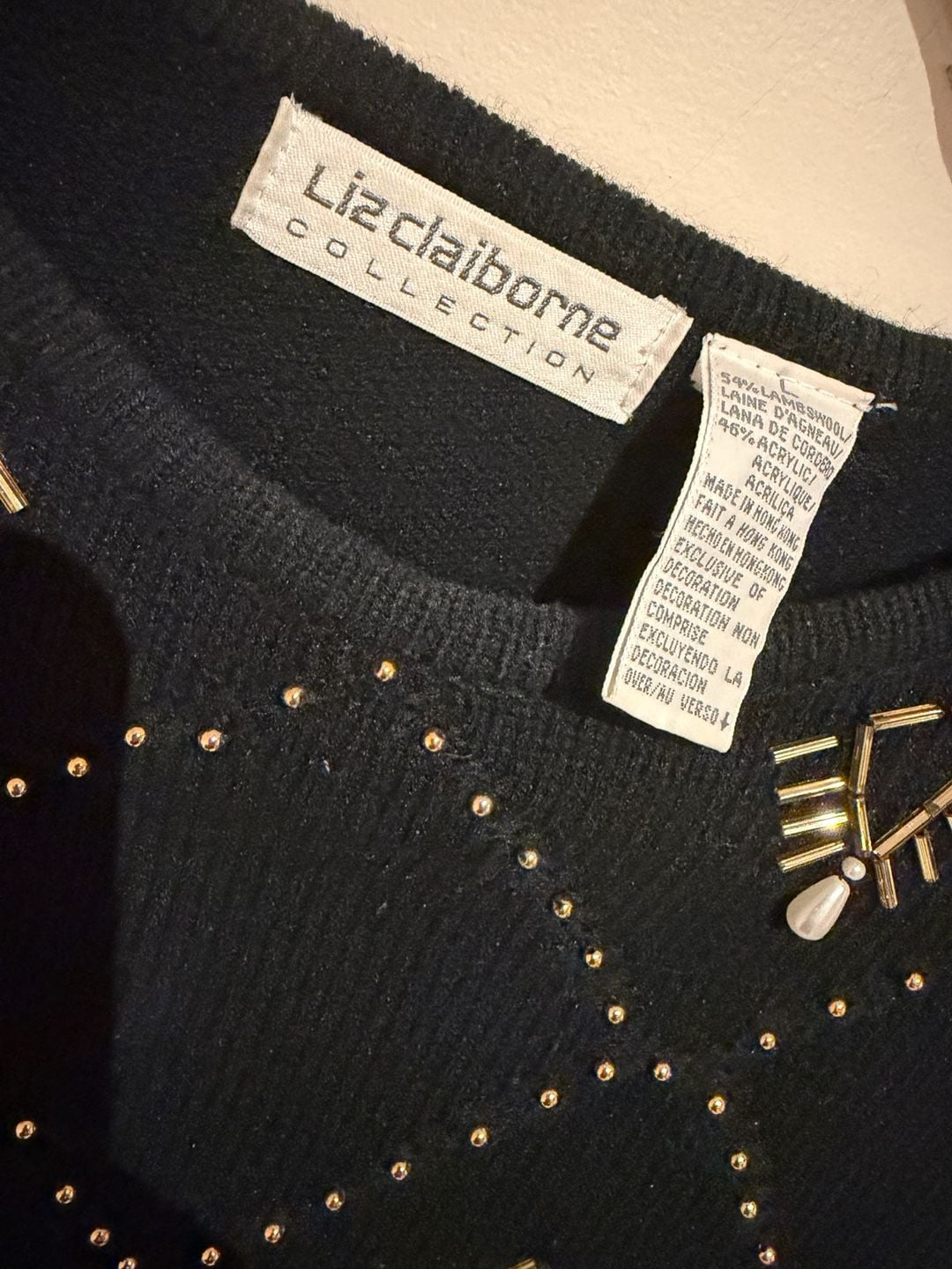 Vintage Liz Claiborne Collection Black Lambswool Blend Beaded Sweater 5