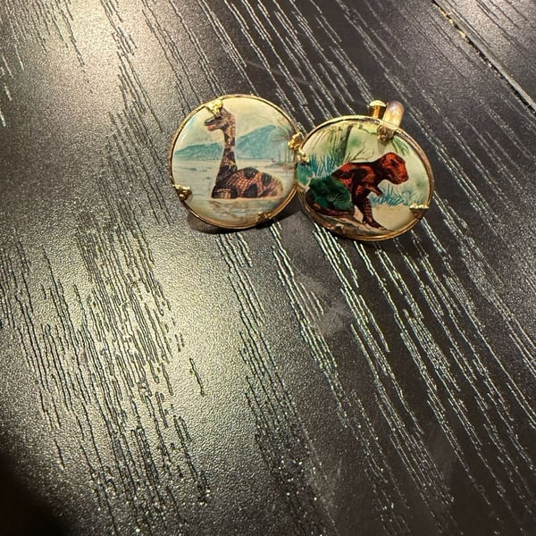 Set of 2 Stroili Gold-Tone Dinosaur Enamel Adjustable Rings - Plesiosaur and T-Rex