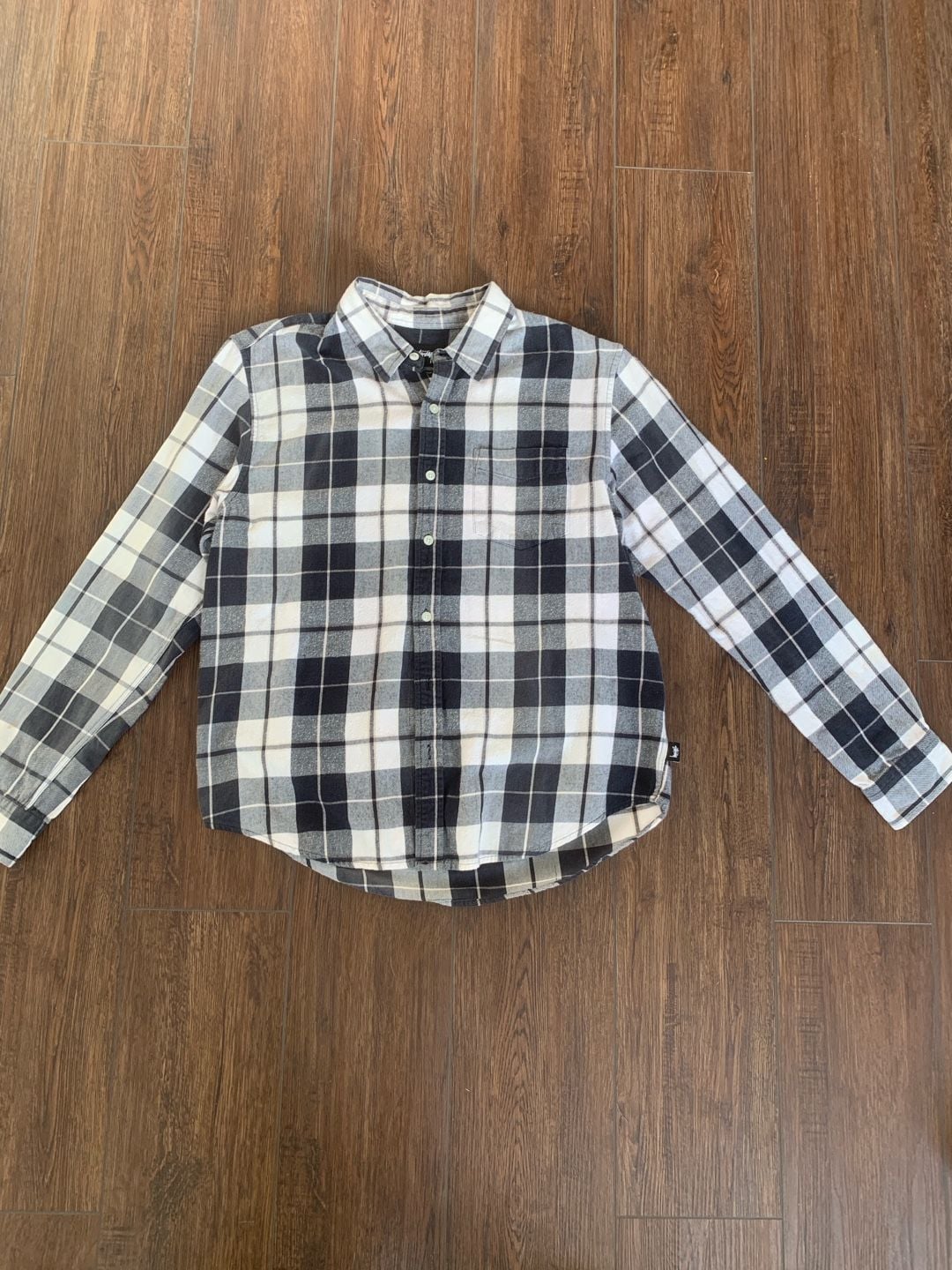 Stüssy Black and White Plaid Flannel Button Up Shirt - Size Medium, OF 2
