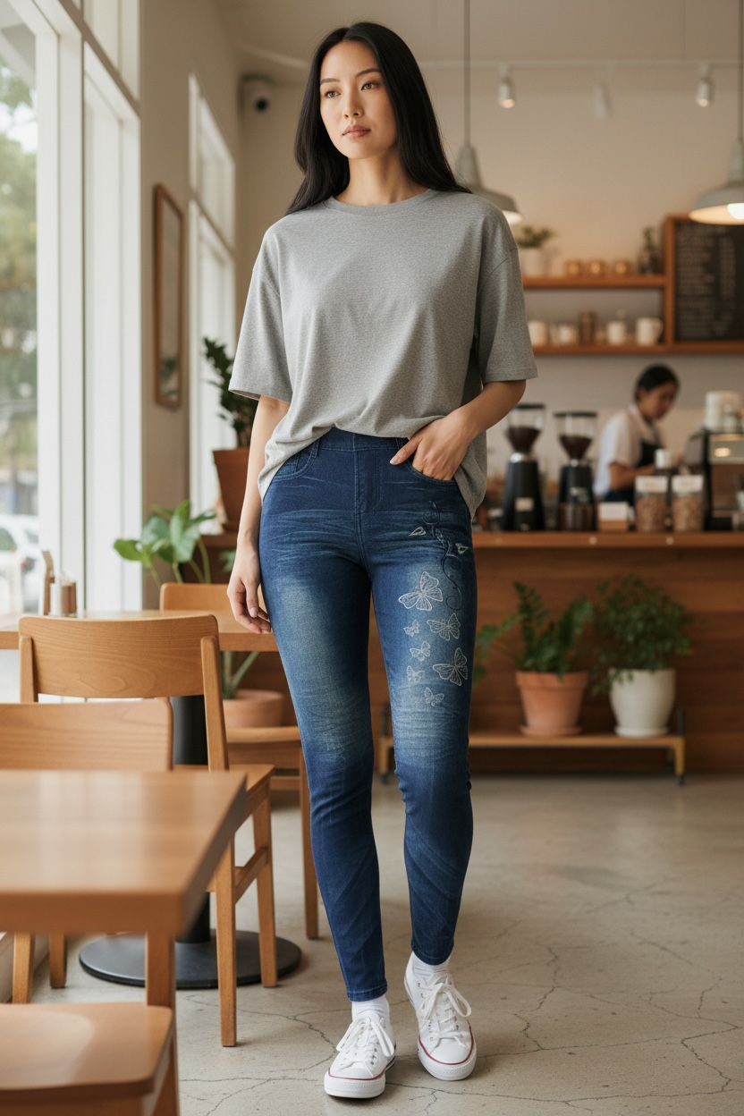 STYLI-SHAPE Women Butterfly Print Faux Denim Skinny Jeggings 2