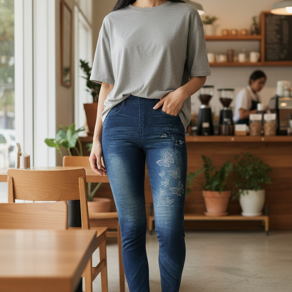 STYLI-SHAPE Women Butterfly Print Faux Denim Skinny Jeggings