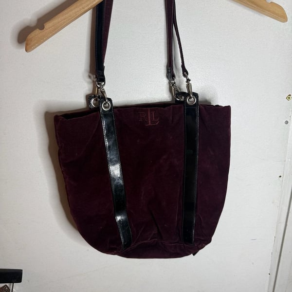 Lauren Ralph Lauren Burgundy Velvet Tote Bag with Patent Leather Trim