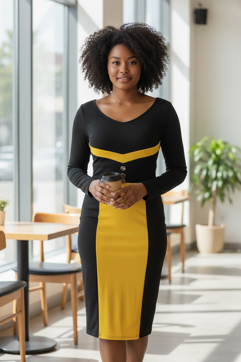 Fashion Mia Black and Yellow Colorblock Bodycon Midi Dress with Gold Buttons 2